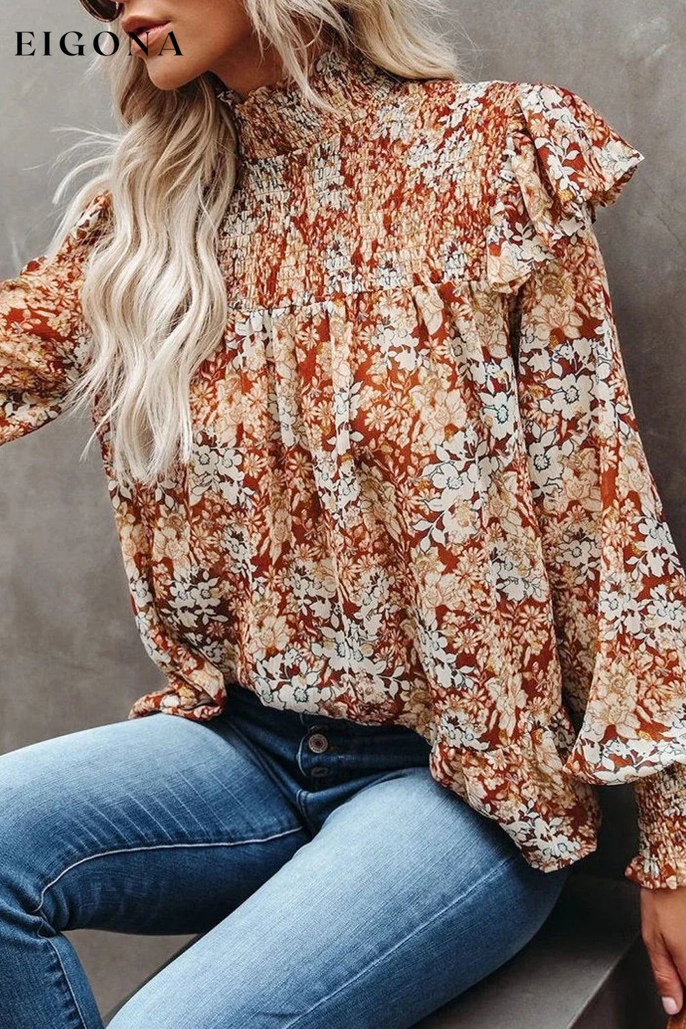 Gold Flame Floral Smocked Sleeve High Neck Ruffled Blouse All In Stock clothes EDM Monthly Recomend Occasion Daily Print Floral Season Spring Style Elegant