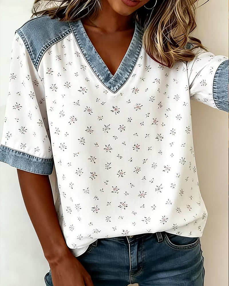 Floral-Patchwork Denim V-Neck Blouses