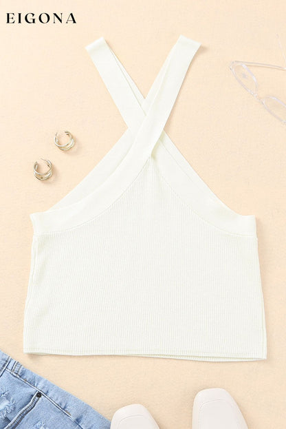 White Ribbed Knit Criss Cross Halter Neck Tank Top clothes crop top Fabric Ribbed Fabric Textured Occasion Rock & Music Occasion Vacation Print Solid Color Season Summer tops