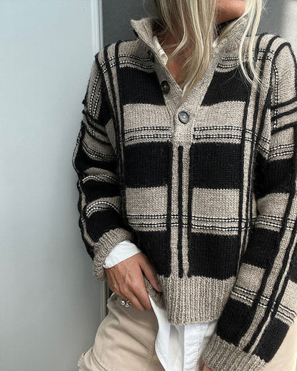 Button Turtleneck Check Color-Block Pullover
