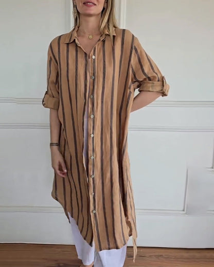 Casual Spread Collar Button Front Striped Dress