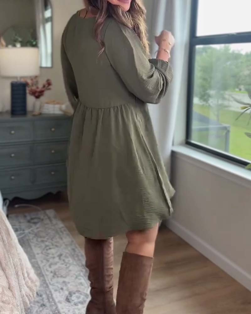 Casual Solid Color U-Neck Long-Sleeved Dress