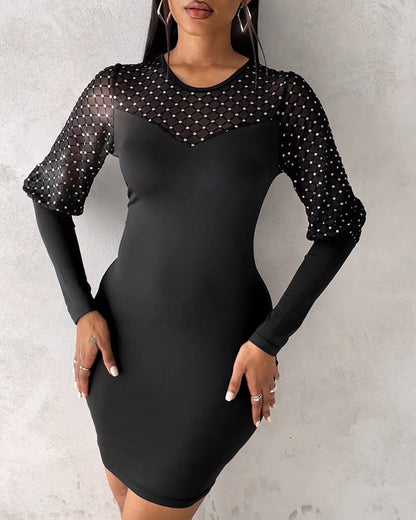 Solid Color Mesh Long-Sleeved Dress