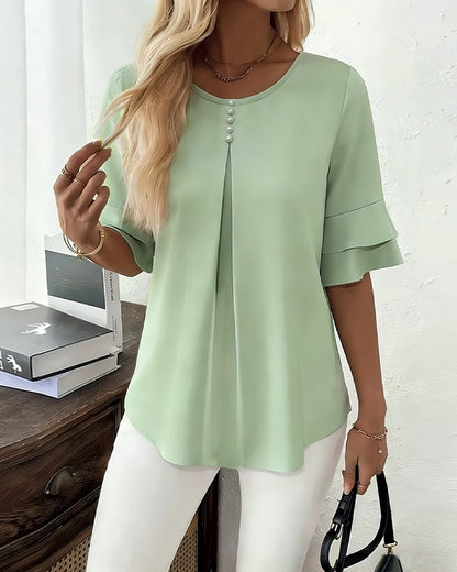 Crewneck Faux Pearl Button Ruffle Blouse