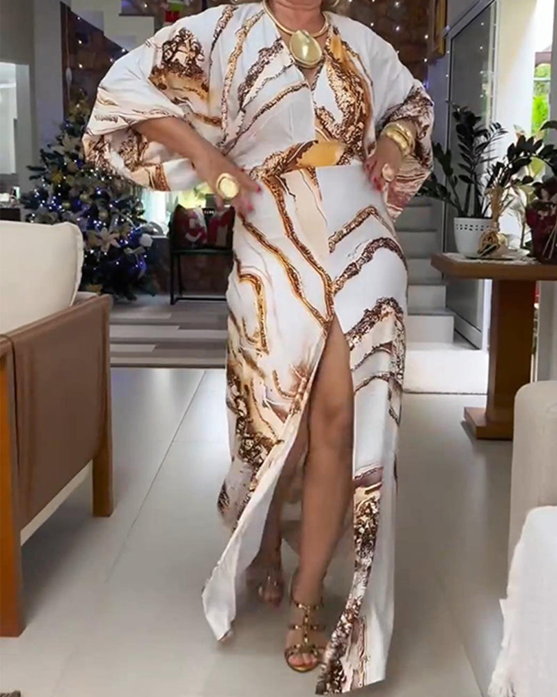 Long-Sleeved V-Neck Slit Printed Dress