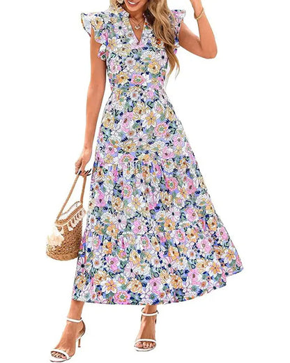 Ruffle Flutter Sleeve Floral Long Dress