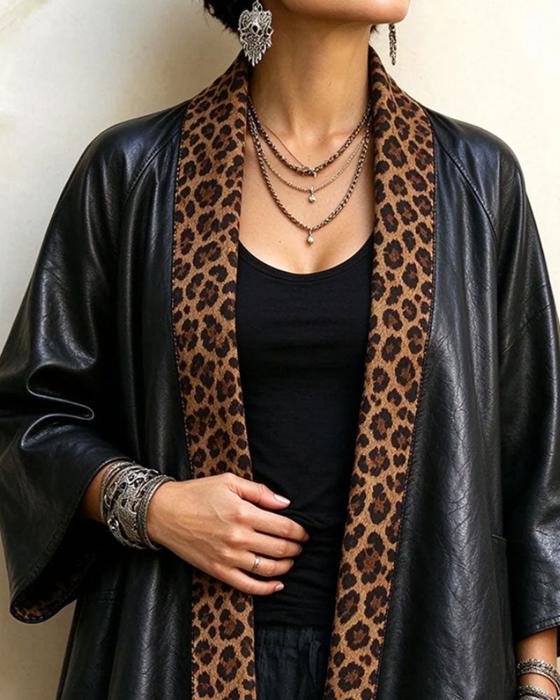 Three-Quarter Sleeve Leopard Print Irregular Coat