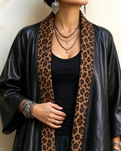 Three-Quarter Sleeve Leopard Print Irregular Coat