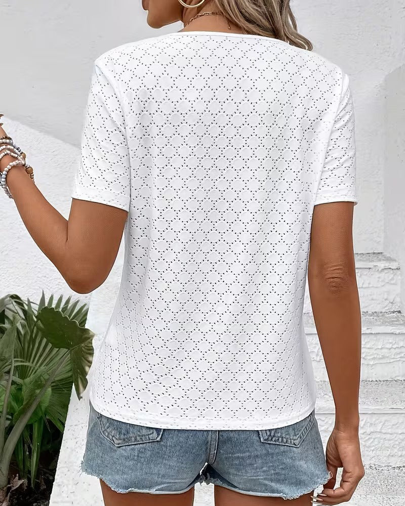 Openwork V-Neck Short-Sleeve T-Shirt