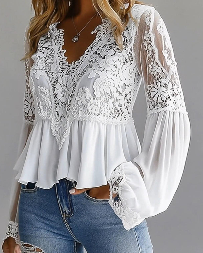 Lantern Sleeve Lace Patchwork Versatile Blouse