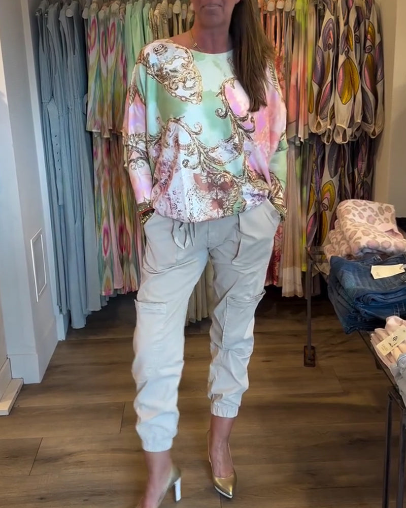 Print Loose Drop Shoulder Long Sleeve Top