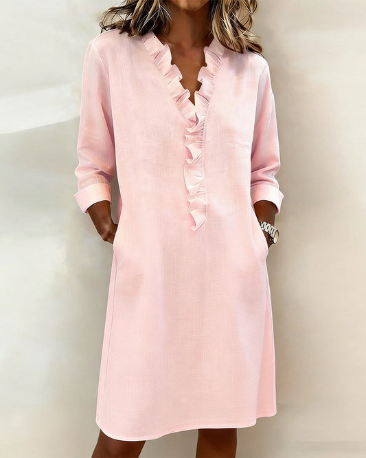 Ruffled V-Neck Solid Color Dress