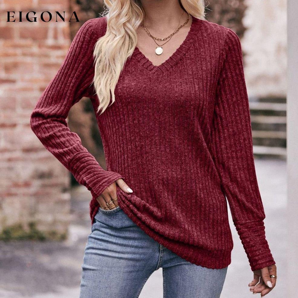 Double Take V-Neck Long Sleeve Ribbed Top Wine clothes Double Take long sleeve shirt long sleeve shirts long sleeve top long sleeve tops Ship From Overseas shirt shirts top tops