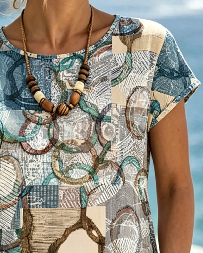 Crew Neck Geometric Patchwork Print Dress