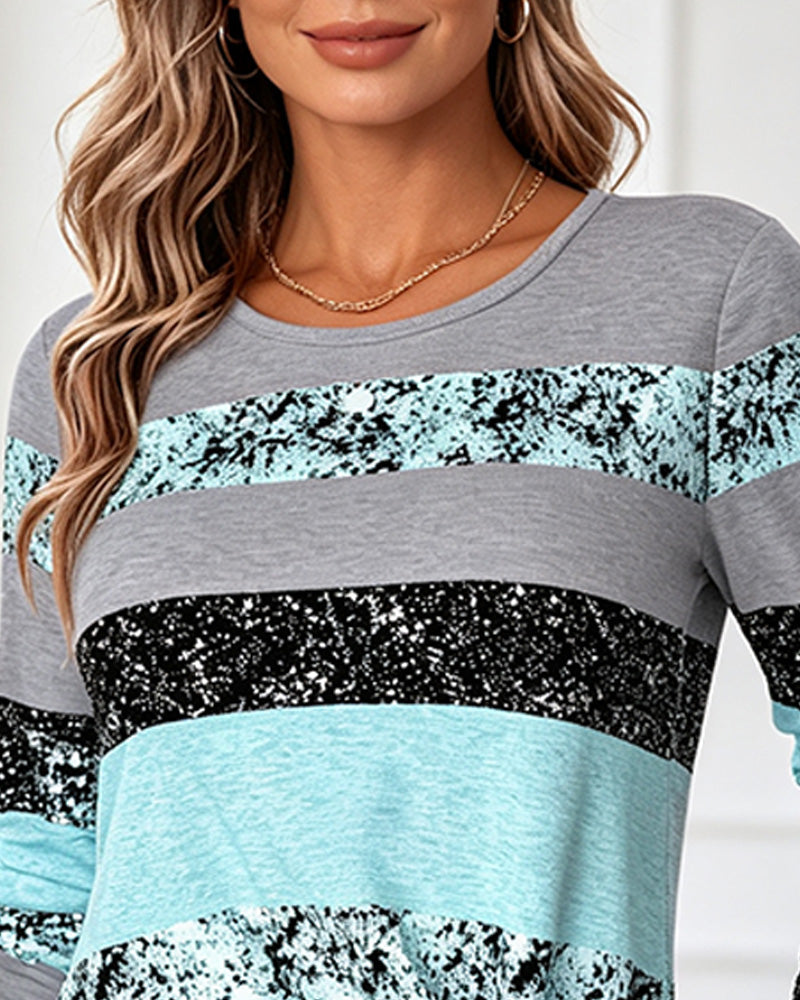 Crew-Neck Stripe Colorblock Long-Sleeve Top