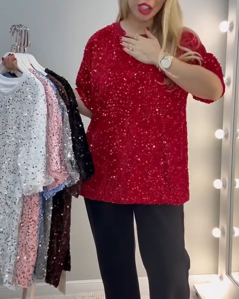 Round Neck Sequined Short-Sleeved T-Shirt