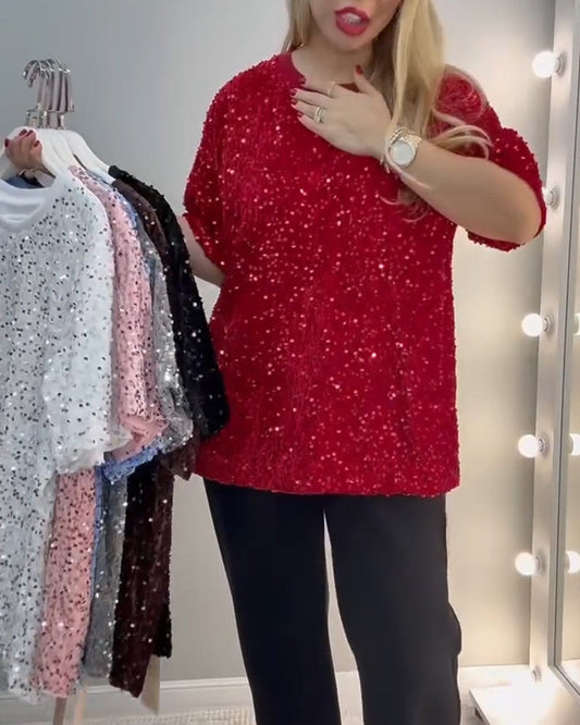 Round Neck Sequined Short-Sleeved T-Shirt