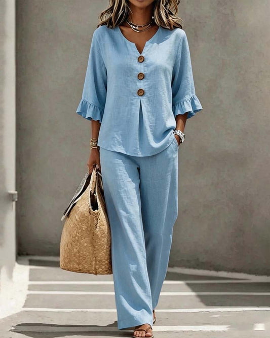 Ruffle Three Button Blouse Wide Leg Pant Set