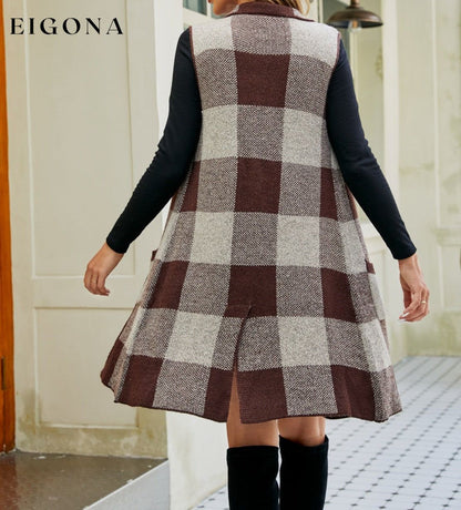 Plaid Lapel Collar Sleeveless Long Cardigan cardigan cardigans clothes Ship From Overseas Yh