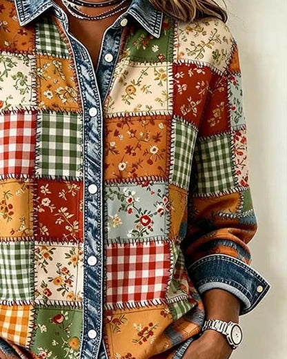 Lapel Plaid Denim Patchwork Top