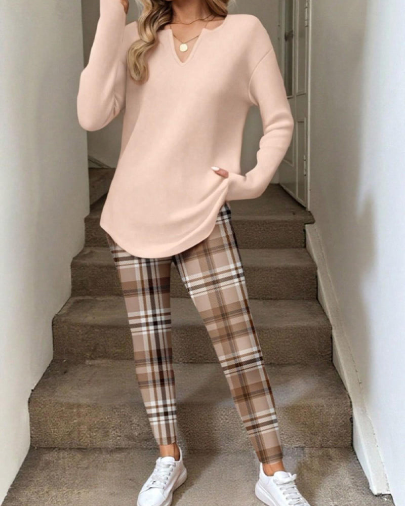 V-Neck Solid Top + Plaid Pants Loungewear Set 2024 f/w spring two-piece sets