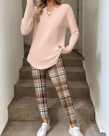V-Neck Solid Top + Plaid Pants Loungewear Set 2024 f/w spring two-piece sets