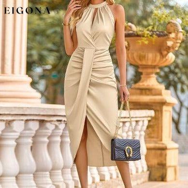 Halter Neck Sleeveless Slit Ruched Dress Beige Clothes H.R.Z Ship From Overseas