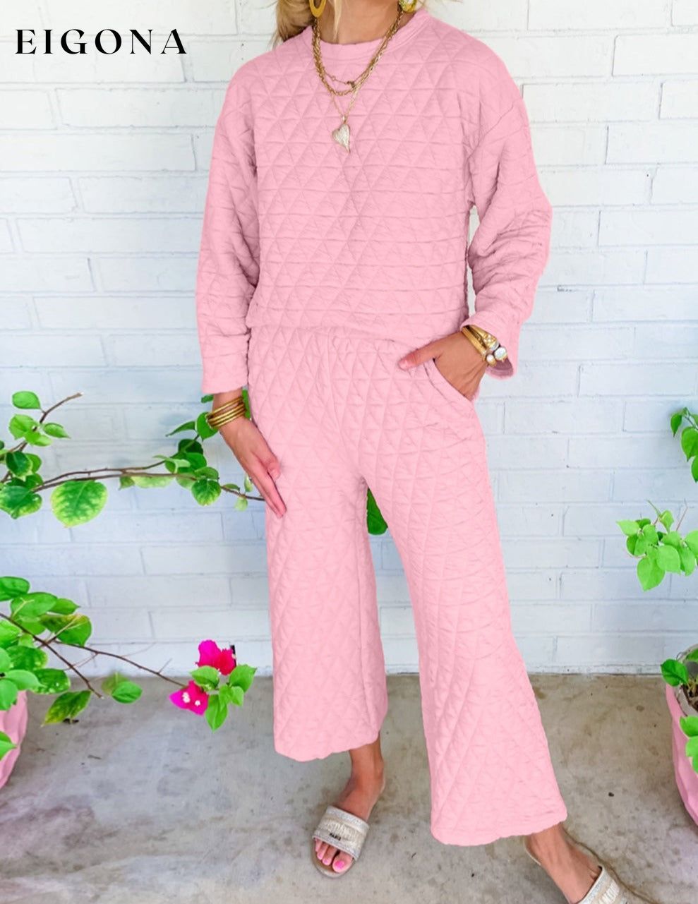 Pink Solid Quilted Pullover and Pants Outfit All In Stock Best Sellers bottoms clothes Craft Quilted EDM Monthly Recomend Occasion Home Print Solid Color Season Winter sets Silhouette Wide Leg Style Casual sweater sweaters Sweatshirt Women's Bottoms