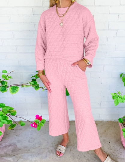 Pink Solid Quilted Pullover and Pants Outfit All In Stock Best Sellers bottoms clothes Craft Quilted EDM Monthly Recomend Occasion Home Print Solid Color Season Winter sets Silhouette Wide Leg Style Casual sweater sweaters Sweatshirt Women's Bottoms