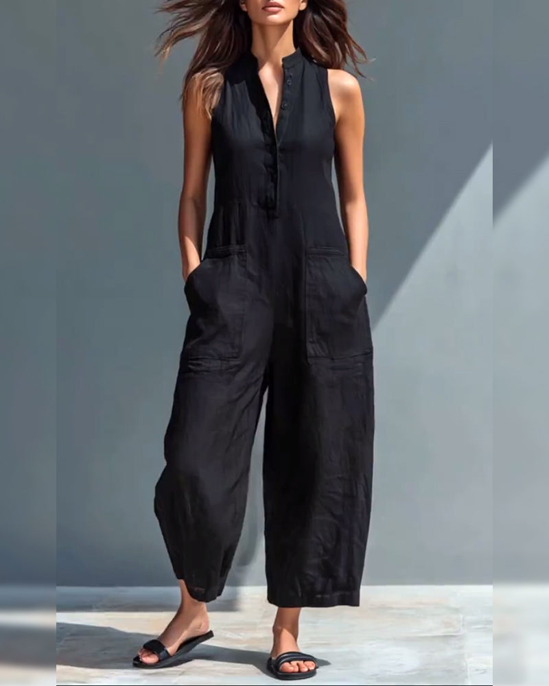 Sleeveless Stand-Up Collar Wide-Leg Jumpsuit