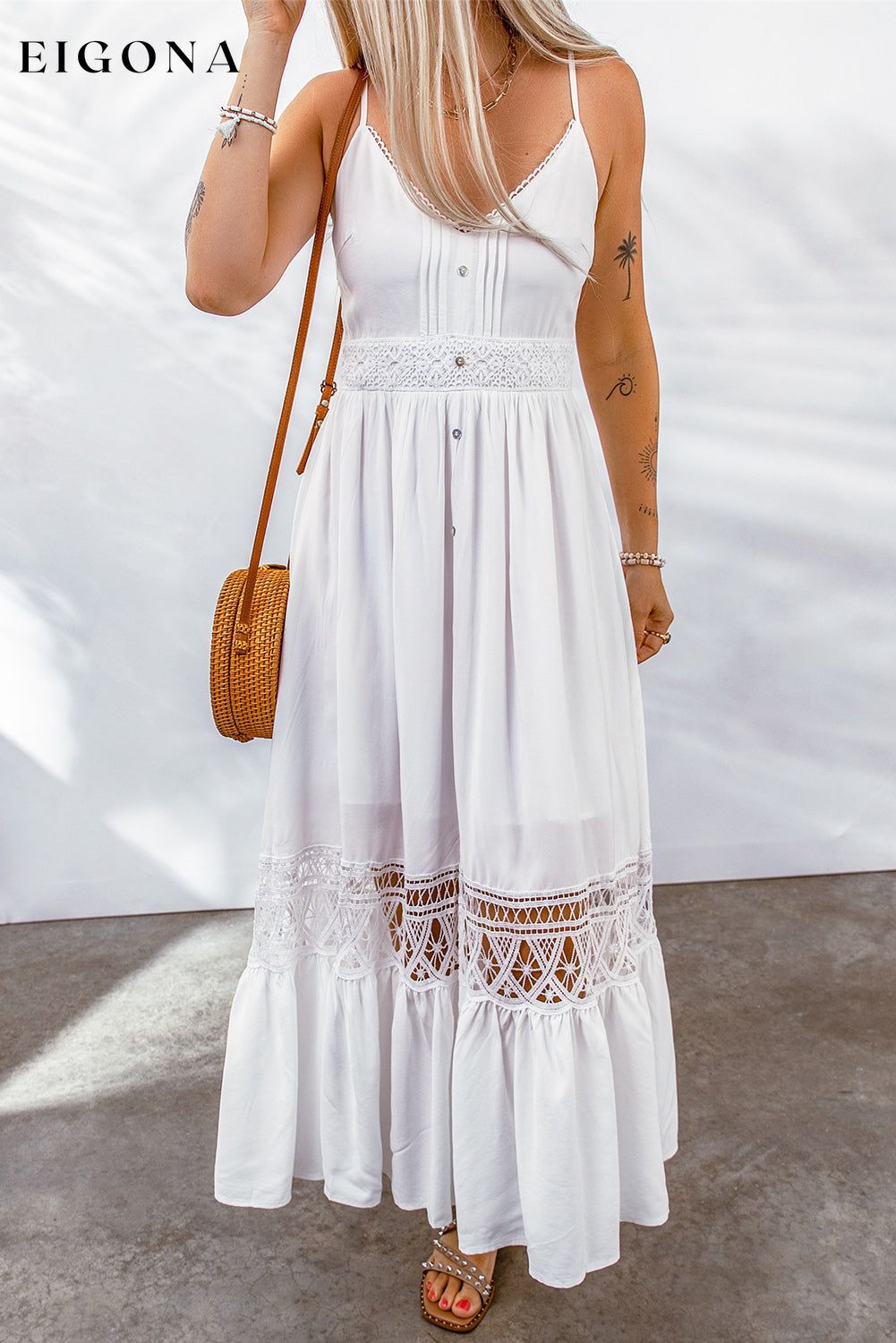 Buttoned Spliced Lace Spaghetti Strap Maxi Dress White S casual dress casual dresses clothes dress dresses maxi dress maxi dresses Ship From Overseas SYNZ