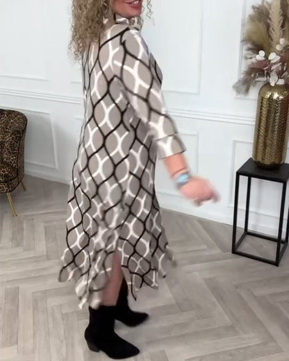 Lapel Buttoned Geometric Print Dress