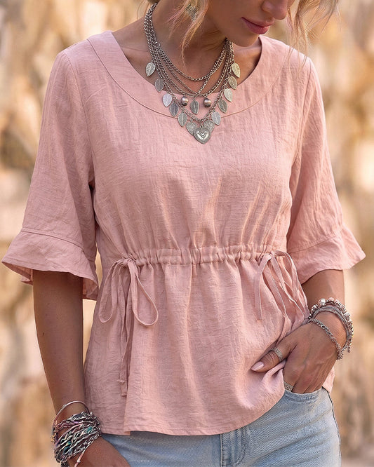 Round Neck Ruffle Drawstring Solid Blouse blouses & shirts spring summer