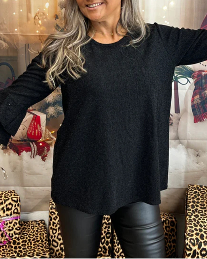 Round Neck Solid Color Long Sleeve T-Shirt 2024 f/w blouse&shirts