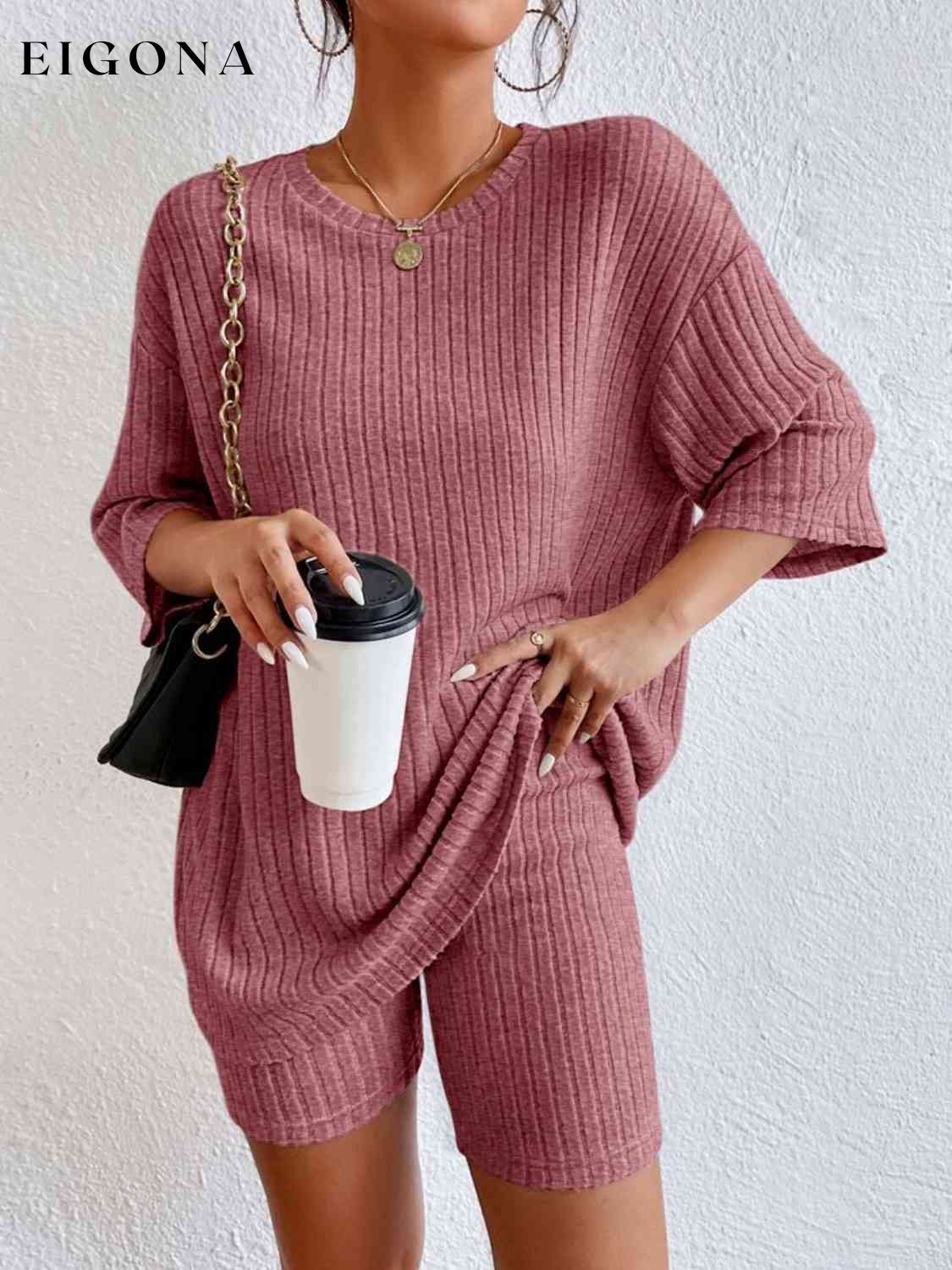 Ribbed Round Neck Top and Shorts Set Dusty Pink 2 pieces clothes pants set set Ship From Overseas Shipping Delay 09/29/2023 - 10/03/2023 sweater set Y@L@Y