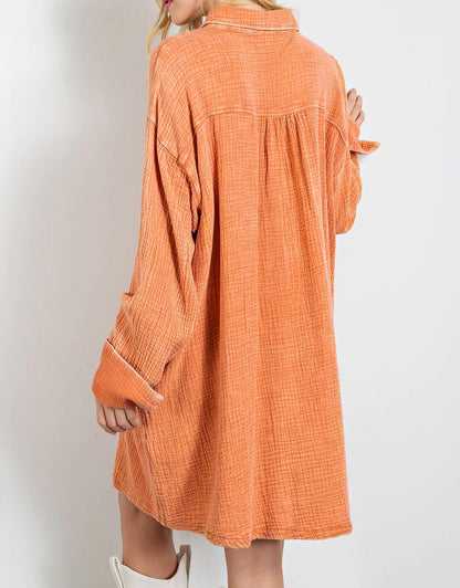 Orange Crinkled Dual Chest Pocket Oversized Shirt Dress All In Stock clothes Color Orange EDM Monthly Recomend Fabric Linen Occasion Daily Print Solid Color Season Spring Style Southern Belle