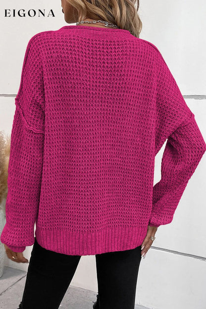 Rose Fiery Red Pointelle Knit Button V Neck Drop Shoulder Long Sleeve Shirt, Sweater All In Stock clothes Color Pink EDM Monthly Recomend long sleeve top long sleeve tops Occasion Daily Print Solid Color Season Winter Style Southern Belle top tops