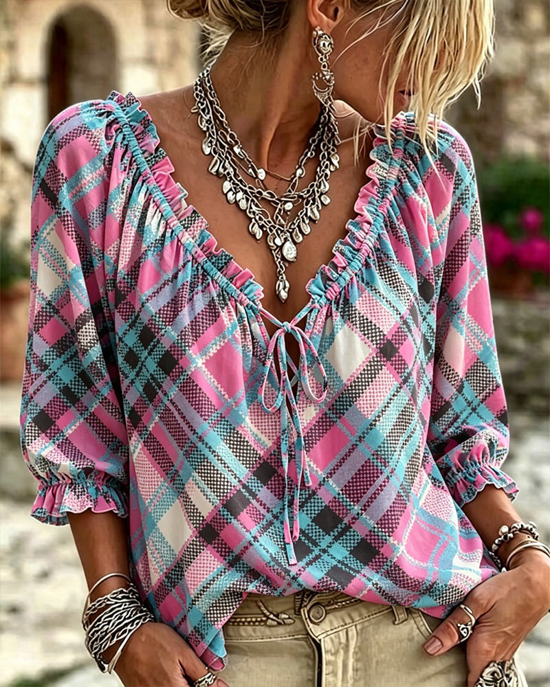 Ruffle Trim Tie Front Plaid Blouse blouses & shirts spring summer