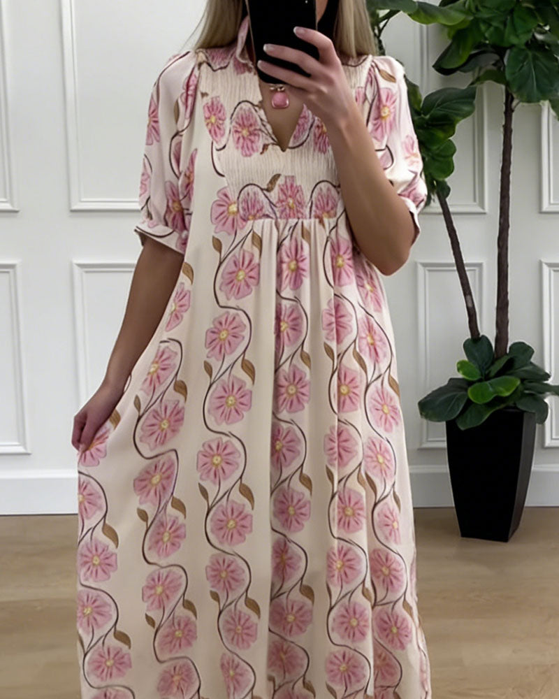 V-Neck Puff Sleeve Loose A-Line Dress