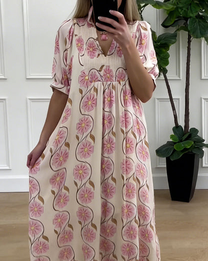 V-Neck Puff Sleeve Loose A-Line Dress