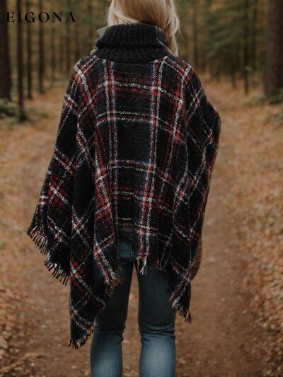 Turtleneck Plaid Raw Hem Sweater Fashion Poncho Clothes Outerwear Romantichut Ship From Overseas Sweater sweaters