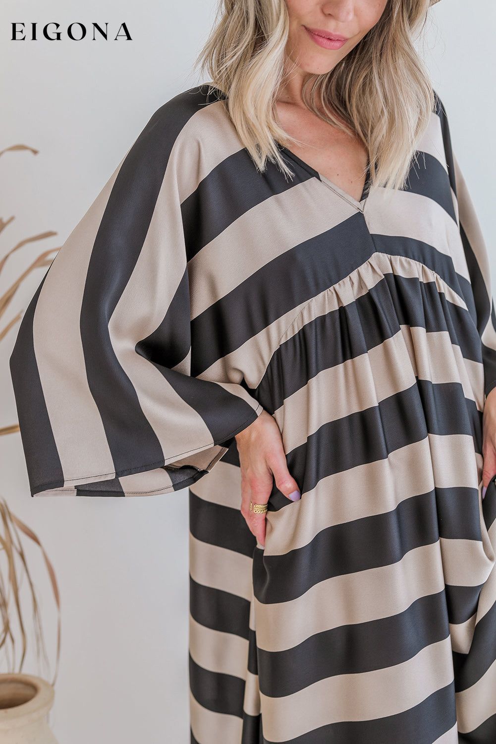 Black V Neck Kimono Sleeve Striped Maxi Dress All In Stock clothes Occasion Daily Print Color Block Season Spring Silhouette A-Line Style Casual