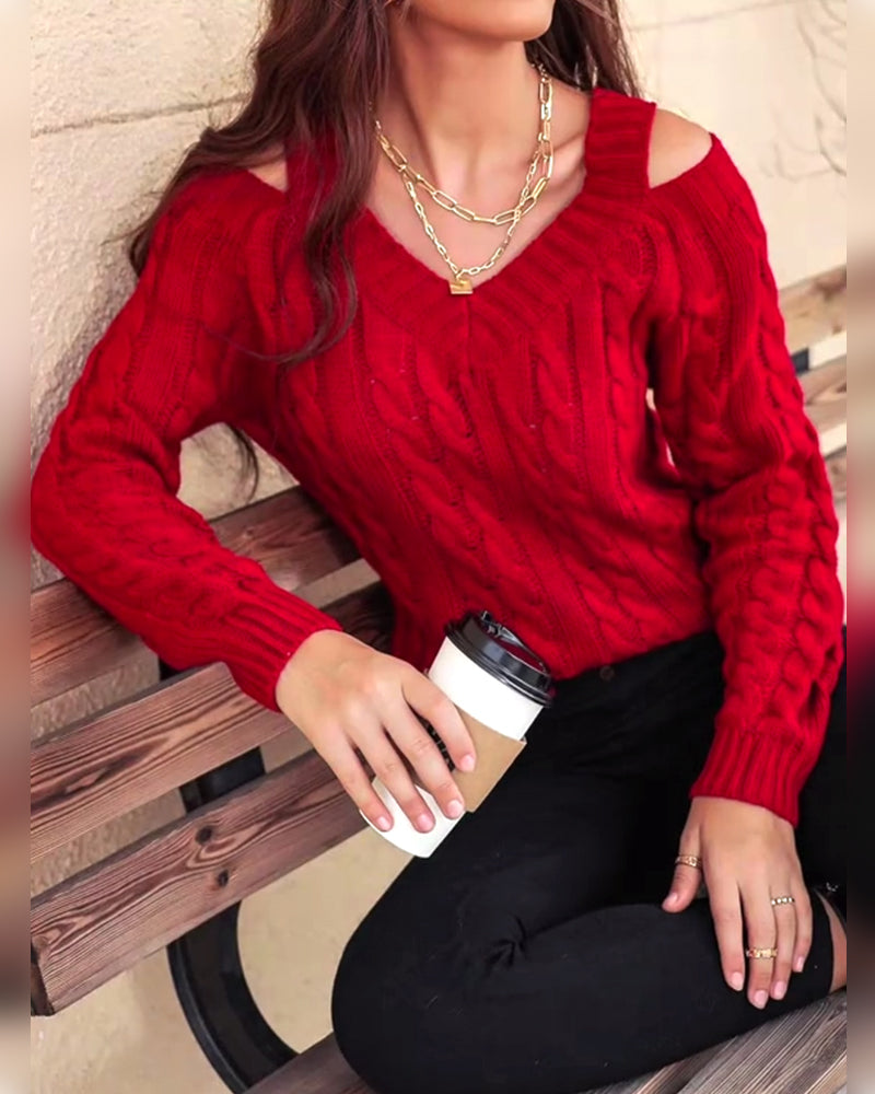 Solid Color V-Neck Cable Knit Pullover