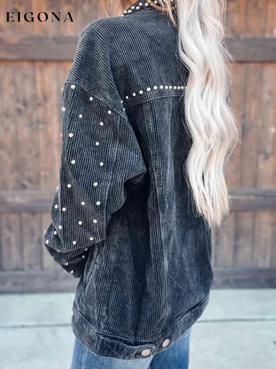 Studded Collared Neck Button Down Jacket C@X@Y clothes Jackets & Coats Ship From Overseas