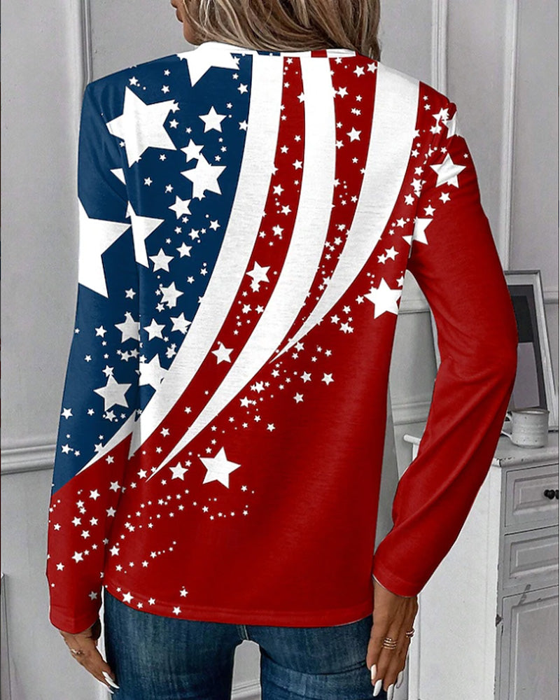 Flag Star Print V-Neck T-Shirts
