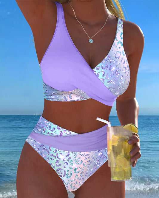Cross Color Block Leopard Print Bikini