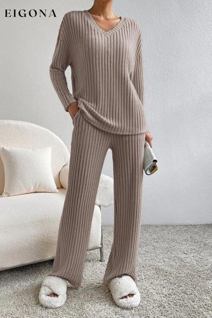 Ribbed V-Neck Top and Pants Set Camel clothes H.H.J Ship From Overseas