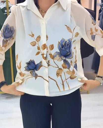 Lapel Puff Sleeve Button-Down Blouse