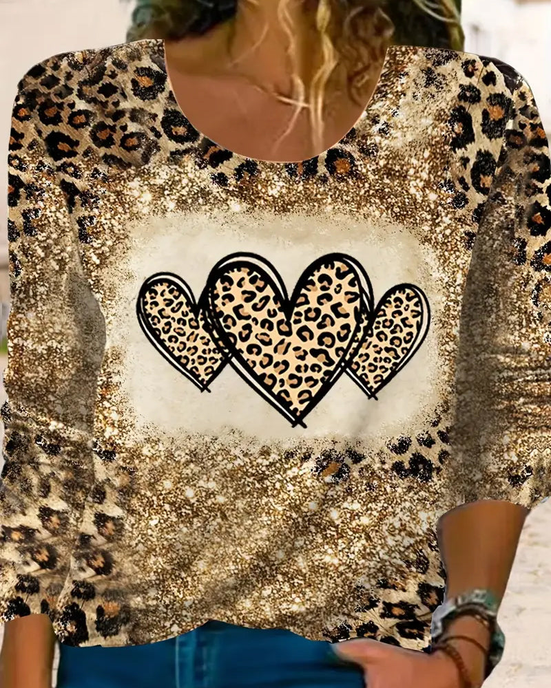 Casual Leopard Colorblock Heart Print Top