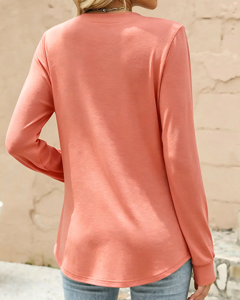 V-Neck Button Long Sleeve Solid Top 2024 f/w tops